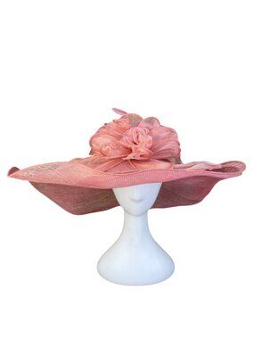 Pink Womens Organza Wide Brim Flower Fascinator Hat Lightweight Elegant Sun Hat